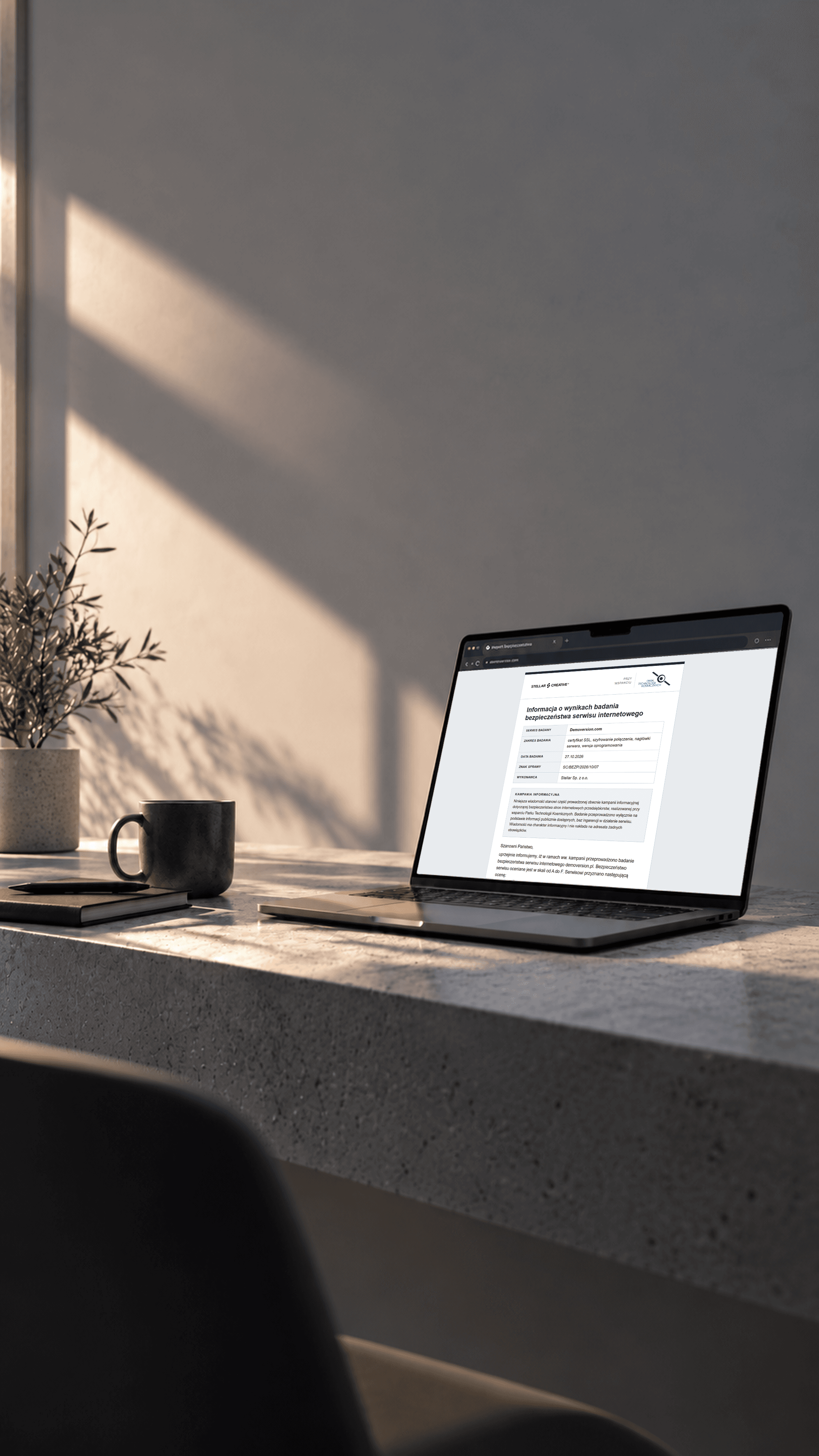 Laptop na betonowym blacie, na ekranie raport z badania bezpieczeństwa strony internetowej, prowadzonego przy wsparciu Parku Technologii Kosmicznych