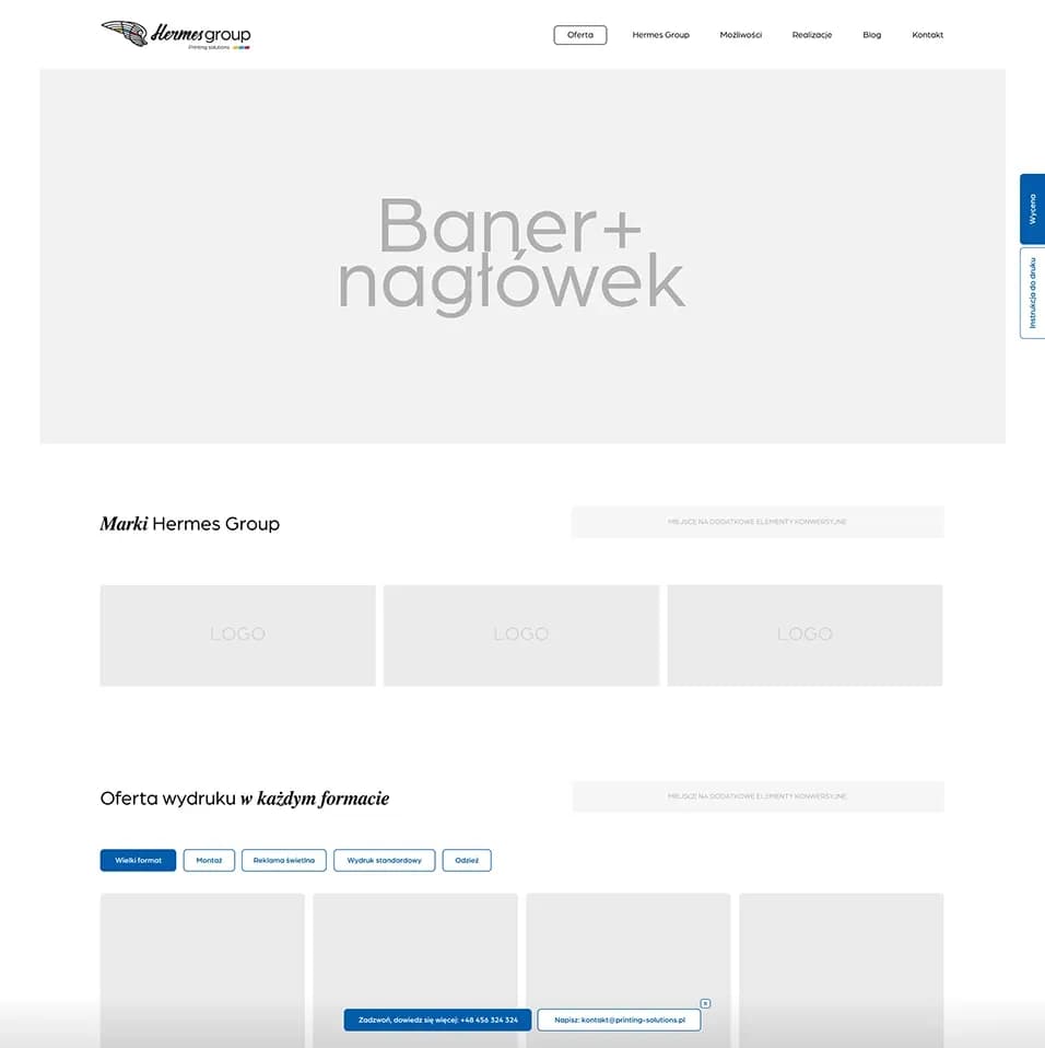 Makietowy projekt układu strony internetowej dla przedsiębiorstwa Hermes Group z widocznymi sekcjami i nagłówkami.