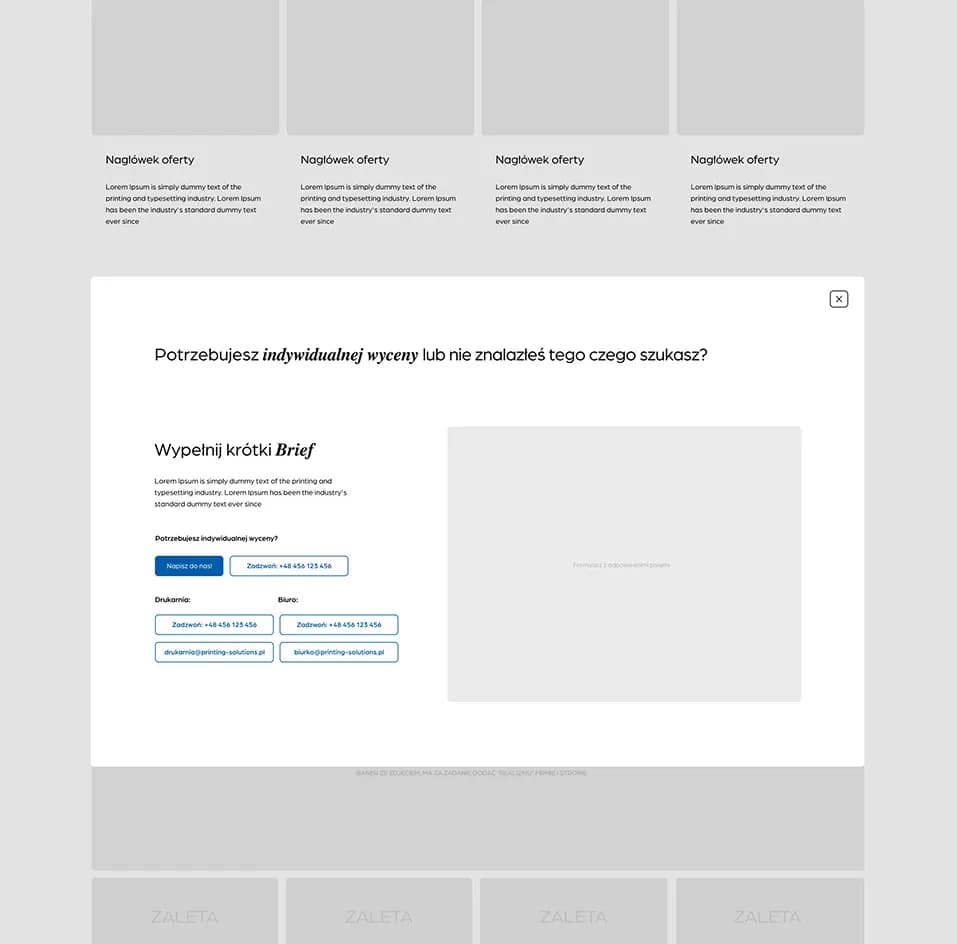 Projekt okna pop-up z formularzem kontaktowym oraz sekcjami oferty przygotowany dla serwisu Hermes Group.