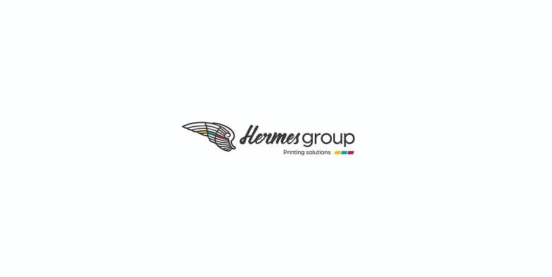Czarno-kolorowe logo firmy Hermes Group z motywem skrzydła umieszczone na czystym, białym tle.