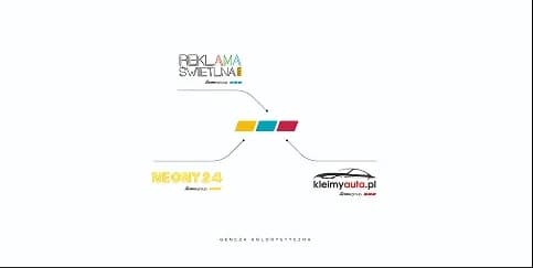 Grafika prezentująca genezę kolorystyczną submarek Hermes Group: Reklama Świetlna, Neony 24 oraz kleimyauta.pl na białym tle.