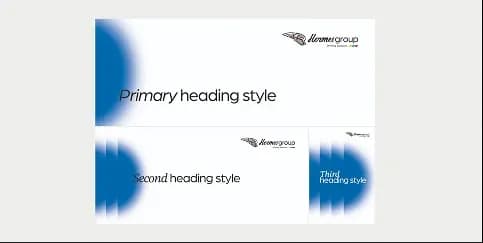 Przykłady nagłówków i stylów czcionek z logo Hermes Group na biało-niebieskich banerach reklamowych.